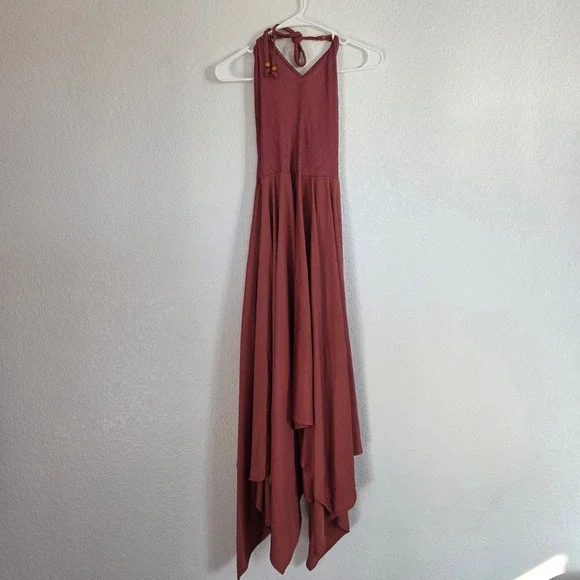 Free People Intimately Burgundy Pointelle Halter Handkerchief Hem Midi Dress - Picture 4 of 6